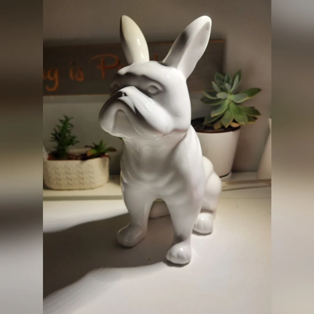 French Bulldog Statue 1 ftFigurine Rabbit Ears White‎ Ceramic Decor